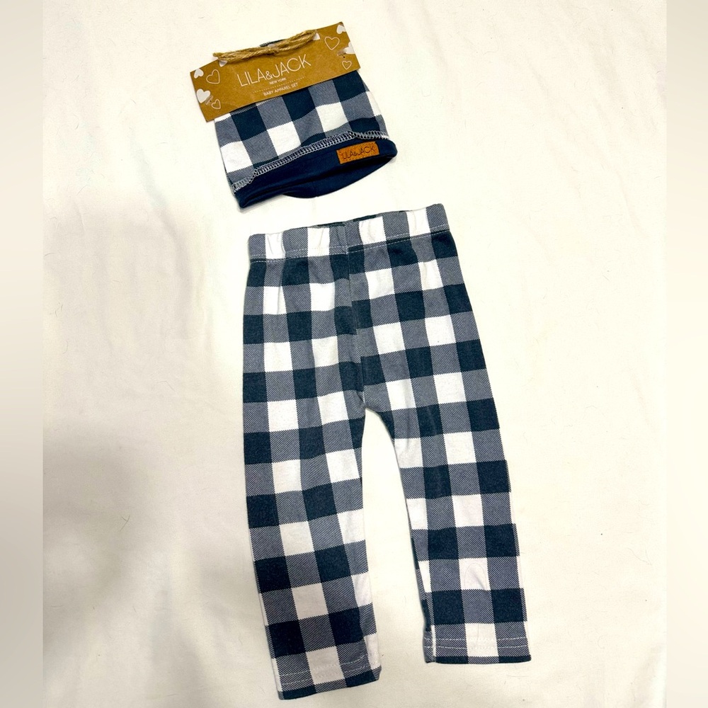 Lila & Jack | Blue & White Buffalo Check Baby Hat & Pants Set | Size 9-12 Months